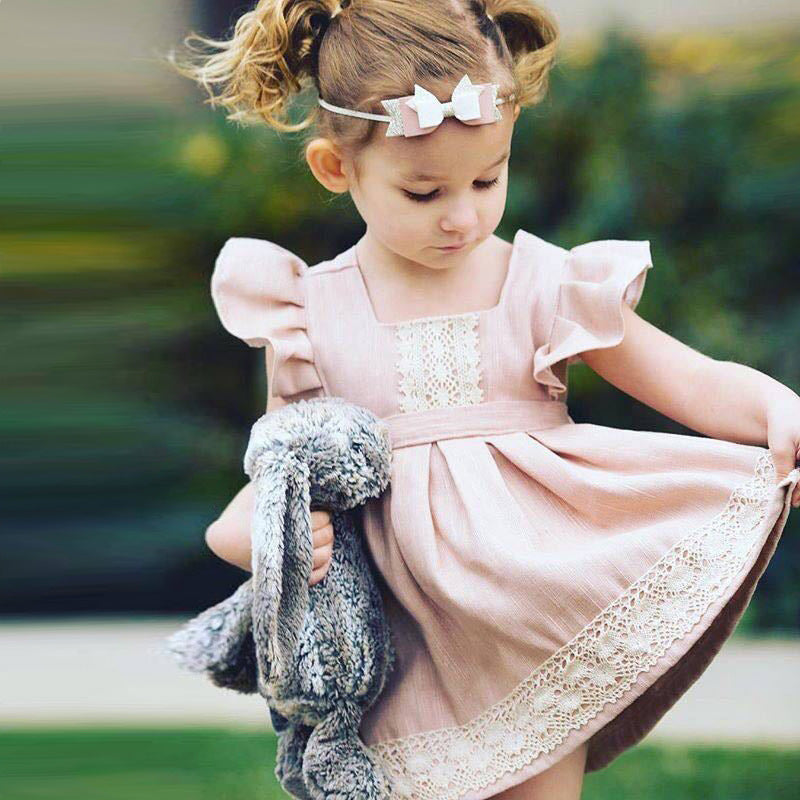 Girl Baby Cute Lotus Root Pink Dress Children Princess Stitching Lace Flying Sleeve Short Skirt Girl Baby Cute Lotus Root Pink Dress Children Princess Stitching Lace Flying Sleeve Short Skirt